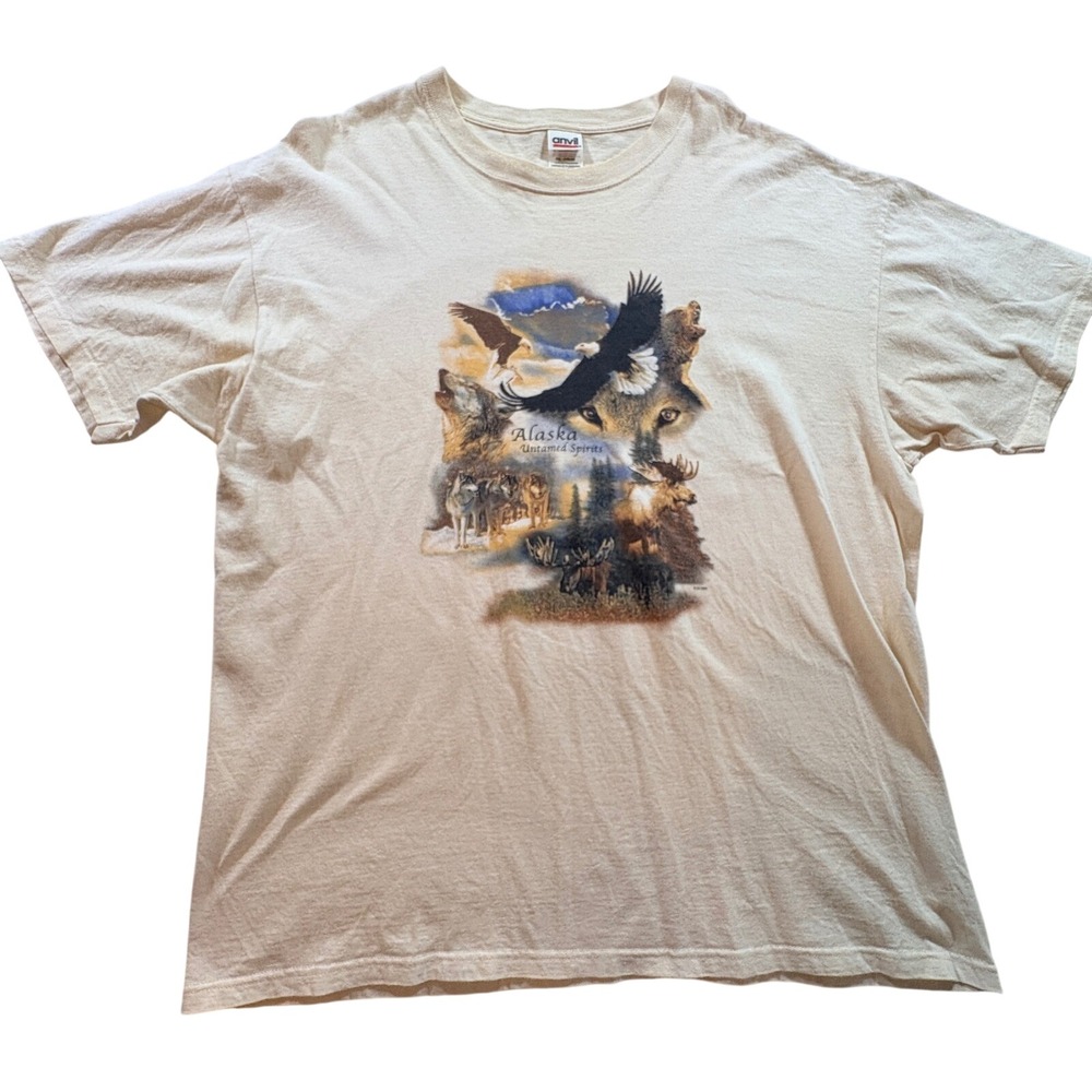 Anvil Alaska Untamed Spirits Graphic T-Shirt Mens XL Cream Wildlife Nature Tee